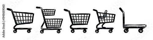 Collection of hand-drawn shopping carts and a utility cart, illustrating various designs for retail, grocery, and transport needs.