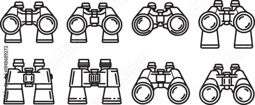 Eight different types of binoculars in a black and white line drawing Vector