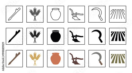 Grid of agricultural icons displays farming tools and produce in three different visual styles.