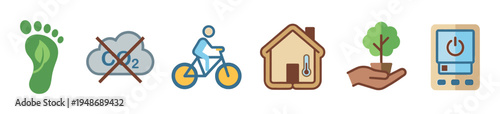 Set of flat design icons representing environmental sustainability, eco-friendliness, and energy efficiency concepts including carbon footprint, cycling, green living, and renewable energy.