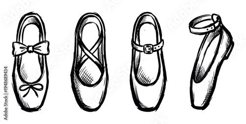 Four hand-drawn ballet flat shoes with various decorative elements are depicted in a sketch style.
