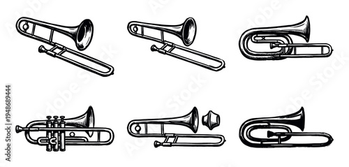 Collection of six hand-drawn brass instrument illustrations featuring trombones and a euphonium in a classic sketch style.