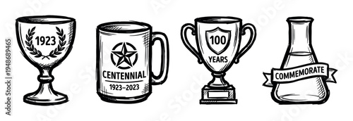Hand-drawn illustrations of commemorative anniversary items, including trophy cups, a centennial mug, and a flask, celebrating significant milestones.