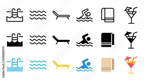 Diverse set of swimming pool, beach, and summer holiday icons presented in outline, solid, and vibrant color variations.