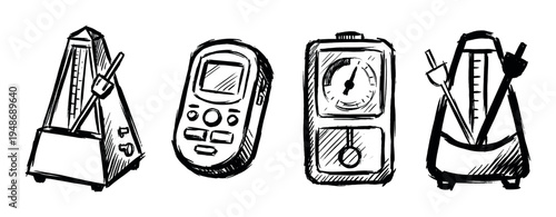 Hand-drawn sketch illustration of various musical timing and tuning devices including classic metronomes and electronic gadgets.