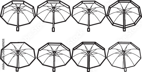 Eight octagonal umbrellas with intricate designs and patterns on display Vector