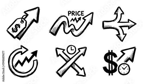 Collection of hand-drawn financial and directional arrow illustrations represents concepts like price, growth, time, and decision-making.