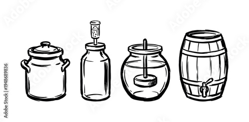 Various hand-drawn illustrations of traditional fermentation and storage containers including a milk can, a bottle with an airlock, a crock, and a wooden barrel.