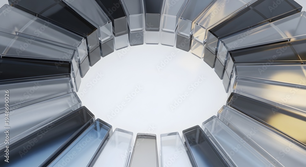 Fototapeta premium Abstract circular arrangement of glass blocks with metallic frames