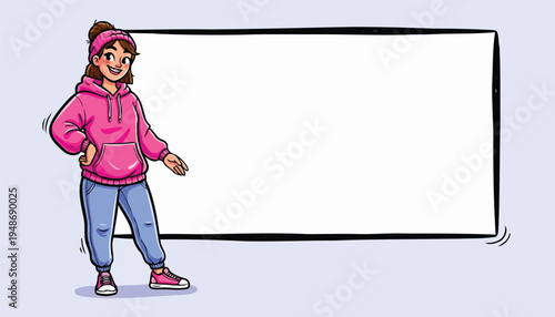 Cartoon girl presenting wide blank whiteboard template