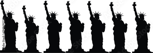 Statue of Liberty silhouette set with multiple views of famous American landmark holding torch, patriotic USA monument isolated on white background vector illustration