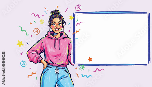 Smiling woman presenting blank board with celebration confetti