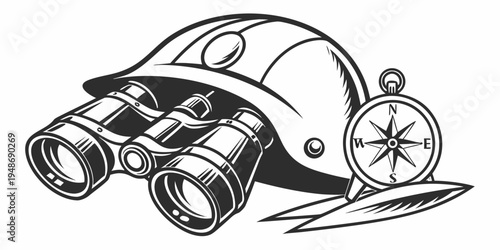 a helmet with binoculars and a compass Vector