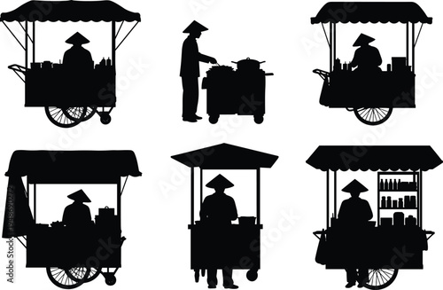 Street food vendor cart silhouettes collection with traditional market stalls and mobile food carts, Asian street market cooking concept vector illustration set
