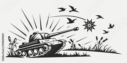 a tank firing a cannon with birds flying away Vector
