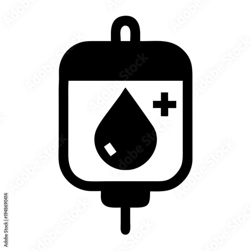 a black and white icon of a blood bag with a plus sign Vector