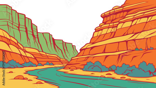 a colorful illustration of a canyon with a river Vector
