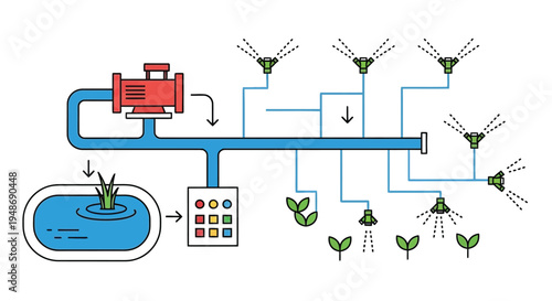 Cuadro en lienzo Automated irrigation system diagram showing water source pump pipes and sprinkle