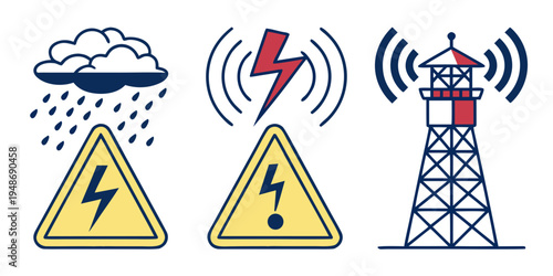 thunderstorm warning signs and radio tower Vector