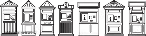 A collection of various atm machines and kiosks in a row Vector