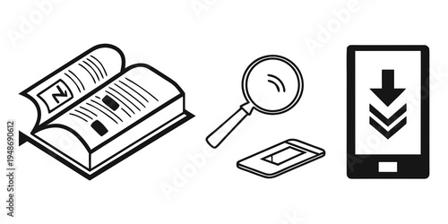 a book a magnifying glass a smartphone and a credit card Vector