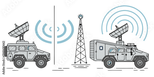 communication vehicles and tower with satellite dishes Vector