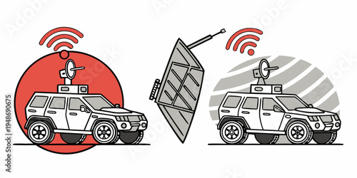 a couple of trucks with satellite communications Vector