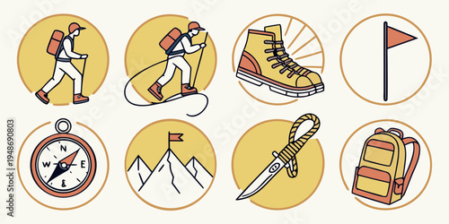 hiking icons including a hiker and a backpack Vector