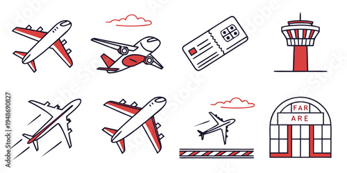 a set of airplane and airport icons Vector