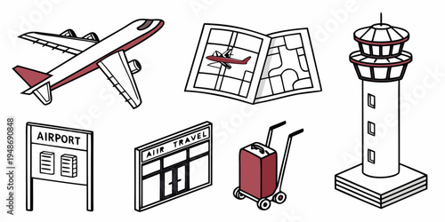 airport icons including plane and control tower Vector