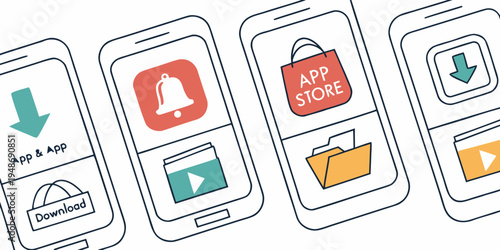 four smartphones with app icons on their screens Vector