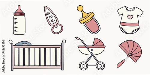 a set of baby items including a stroller and bottle Vector