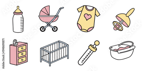 a collection of baby items for newborn care Vector