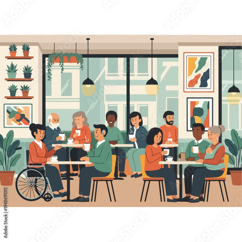Illustration of a diverse group of people socializing in a cafe
