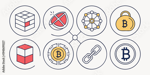 a collection of cryptocurrency and blockchain related icons Vector