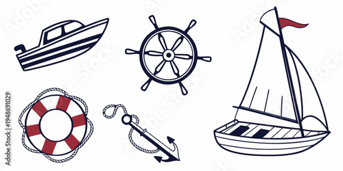 a set of nautical icons including a sailboat and lifebuoy Vector