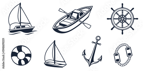 a set of nautical icons including a sailboat and anchor Vector