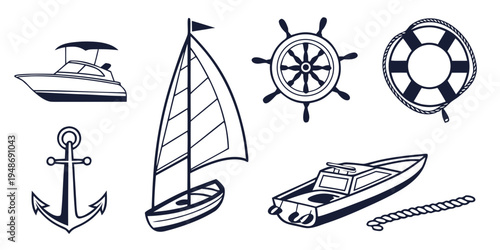 a collection of nautical icons including boats and anchors Vector