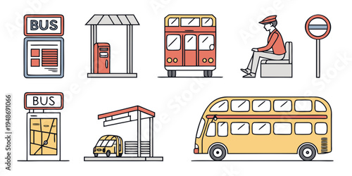 a set of colorful bus station icons Vector