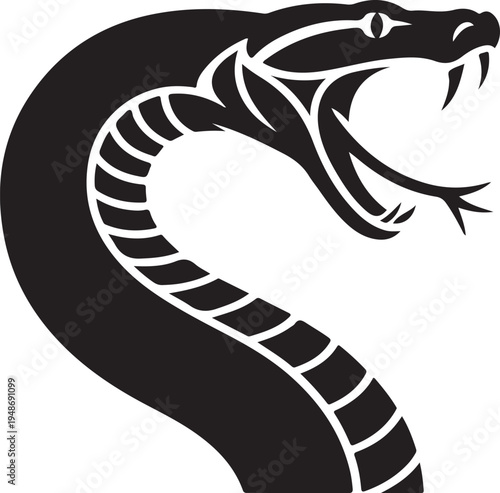 Black Silhouette Snake with Open Mouth, Fangs, and Flicking Tongue Graphic