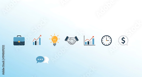 Business on blue and white gradient background briefcase bar graph light bulb handshake