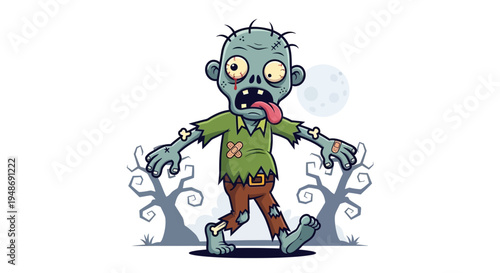 Cartoon zombie character with green shirt.