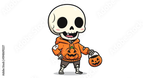 Cartoon skeleton wearing orange hoodie.