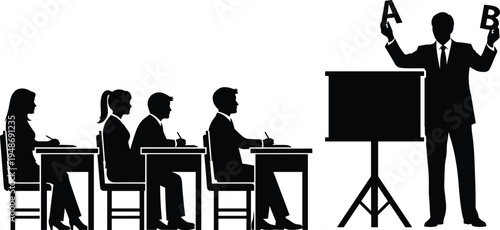 Teacher conducting classroom exam with students writing test papers and holding answer options A and B, education assessment concept silhouette vector illustration
