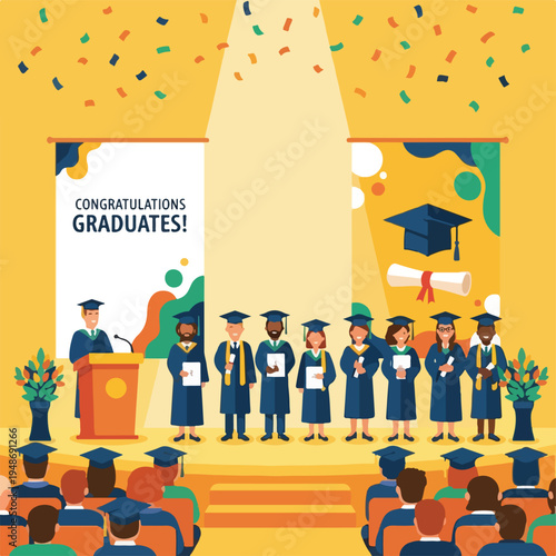 Illustration of a graduation ceremony with graduates and audience (1)