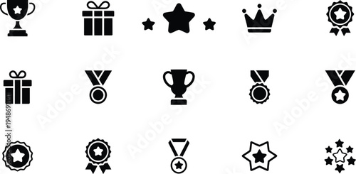 Vector awards and achievement solid icons including trophy medal star and winner crown