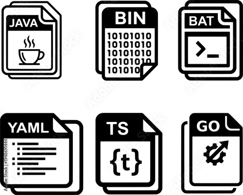 Set of Programming Language and System File Format Icons Featuring Java, Binary, Batch, YAML, TypeScript, and Go Extensions