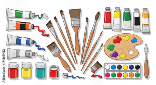 Colorful painting supplies and brushes.