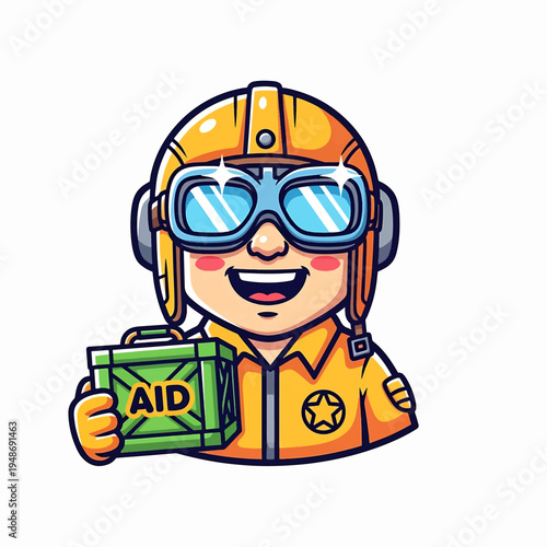 Emergency responder in helmet and goggles holding aid packets