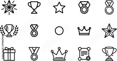 Line art icons for success and achievements featuring trophy star medal and certificate